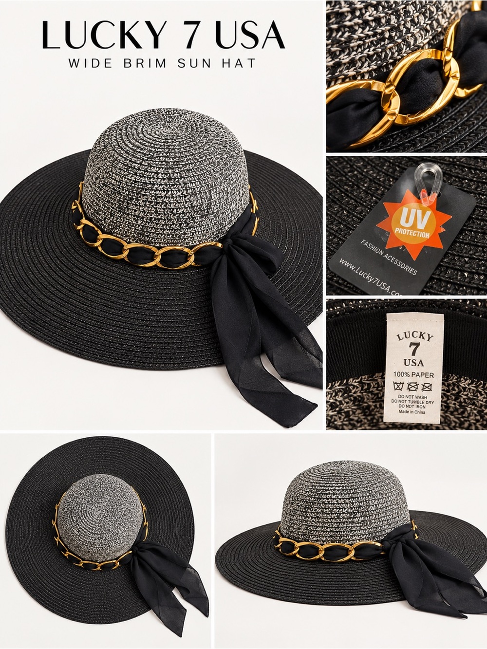 Lucky 7 USA Black & Gray Wide Brim Sun Hat with Gold Chain Accent